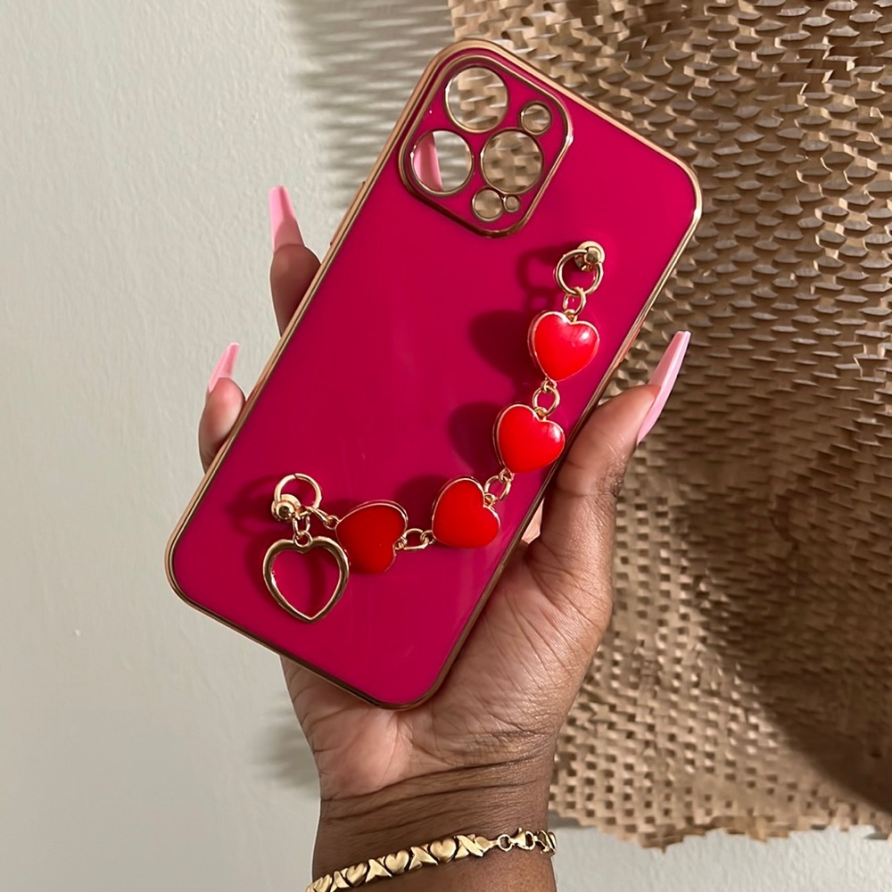 iPhone 12 Pro Max Heart chain/strap pink/red case